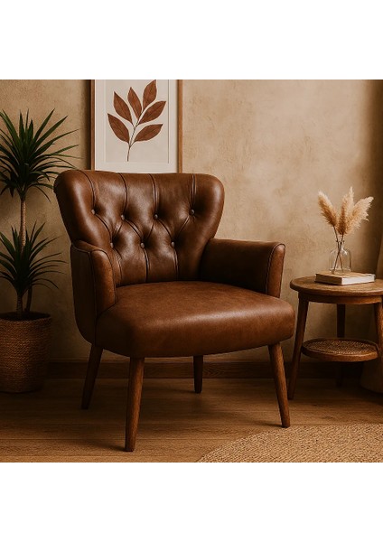 Roma Modern Berjer Tekli Koltuk - Deri Kumaş - Ahşap Ayak - Acı Kahve