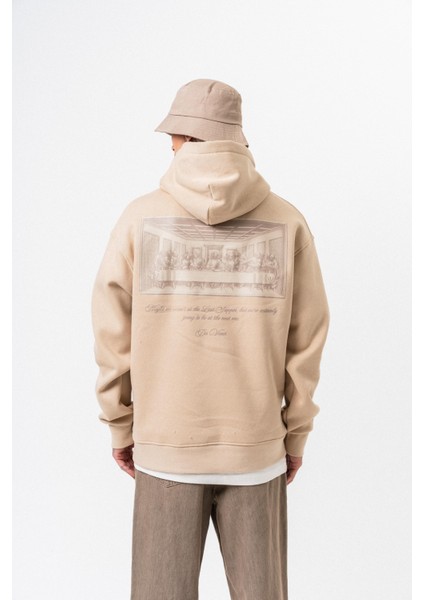 Erkek Da Vinci Baskılı Kapüşonlu Oversize Hoodie Bej