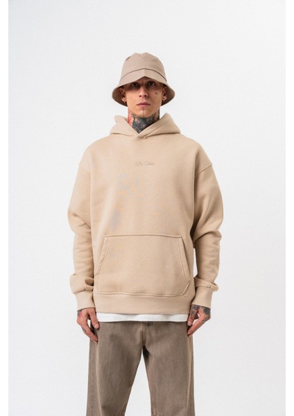 Erkek Da Vinci Baskılı Kapüşonlu Oversize Hoodie Bej fiyatları