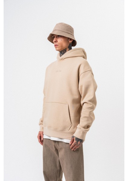 Erkek Da Vinci Baskılı Kapüşonlu Oversize Hoodie Bej modelleri