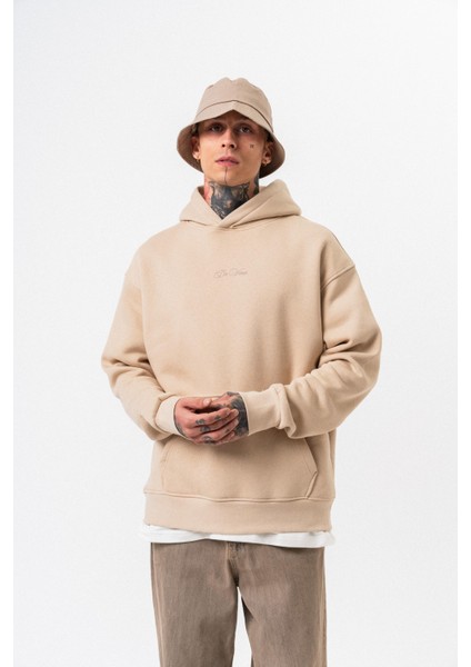 Erkek Da Vinci Baskılı Kapüşonlu Oversize Hoodie Bej fırsatları
