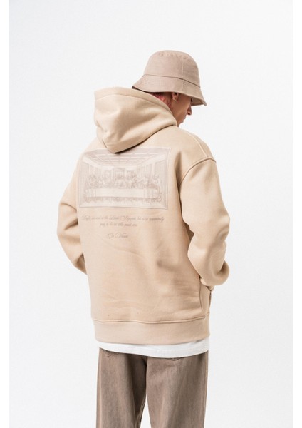 Erkek Da Vinci Baskılı Kapüşonlu Oversize Hoodie Bej indirimleri