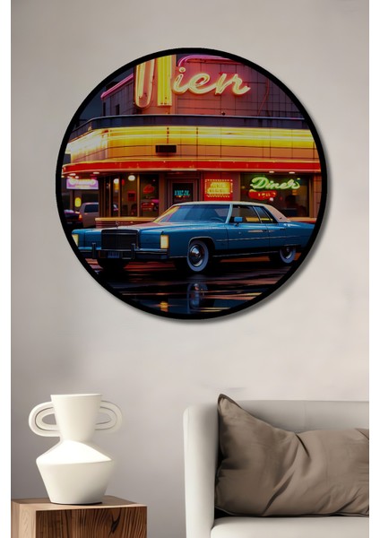 Çerçeve Görünümlü Retro Diner Önünde Klasik Araba Yağlı Boya Görünümlü Ahşap Ofis Yuvarlak Tablo