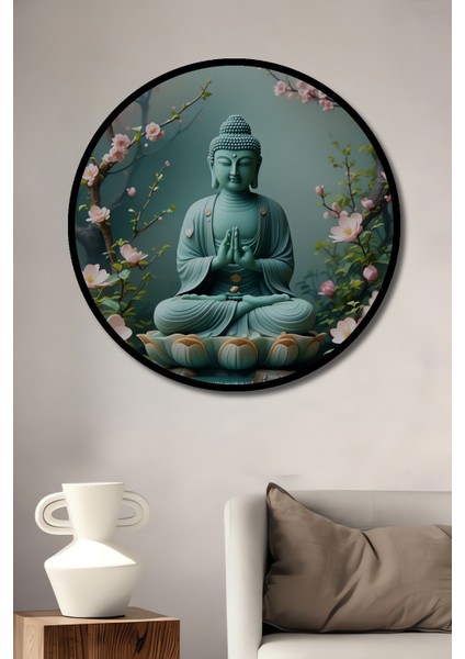 Çerçeve Görünümlü Sakura Çiçekleri Arasında Buda Huzuru Yağlı Boya Görünümlü Ahşap Ofis Tablo