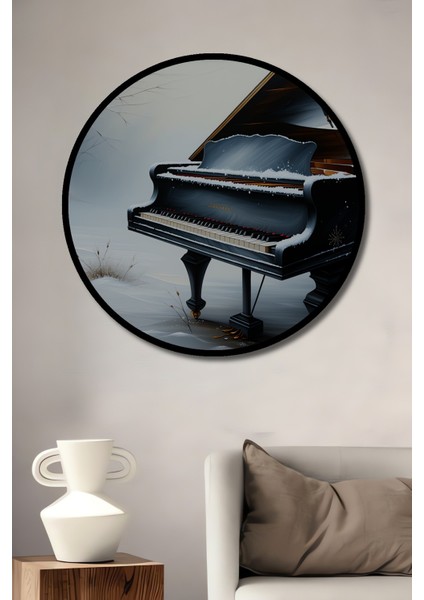 Çerçeve Görünümlü Kış Masalı Piyano Yağlı Boya Görünümlü Dekoratif Ahşap Işyeri/ofis Yuvarlak Tablo