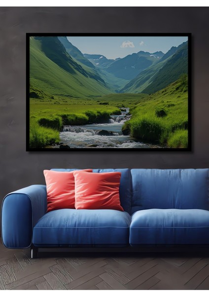 Çerçeve Görünümlü Yeşil Vadi Manzarası Yağlı Boya Görünümlü Dekoratif Ahşap Işyeri/ofis Kare Tablo