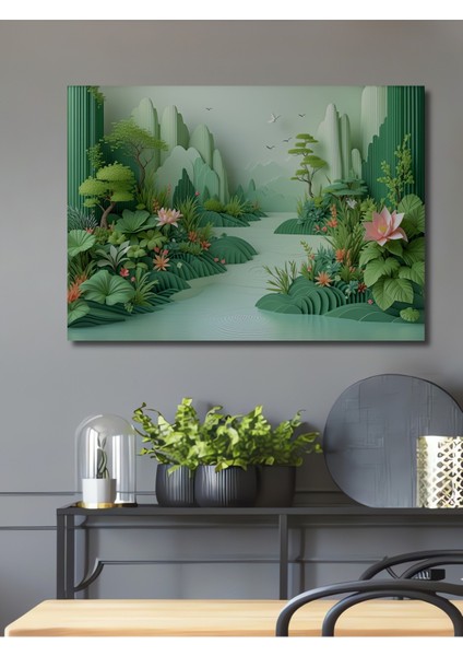 Yeşil Cennet Bahçesi Yağlı Boya Görünümlü Dekoratif Ahşap Ev/işyeri/ofis Kare Tablo