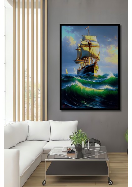 Çerçeve Görünümlü Yağlı Boya Görünümlü Yelkenli Deniz Manzarası Dekoratif Ahşap Ofis Kare Tablo