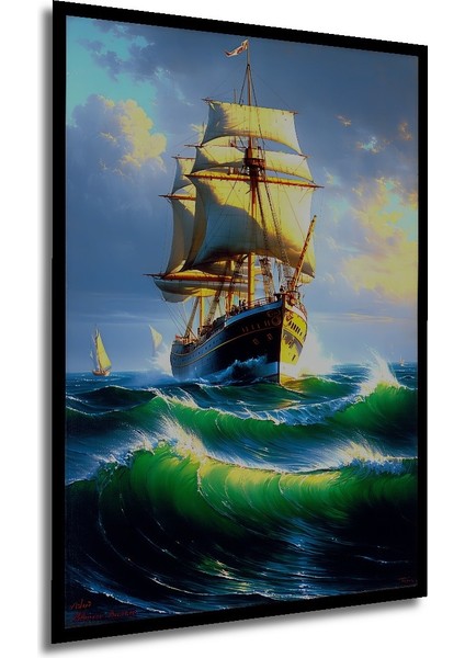 Çerçeve Görünümlü Yağlı Boya Görünümlü Yelkenli Deniz Manzarası Dekoratif Ahşap Ofis Kare Tablo modelleri