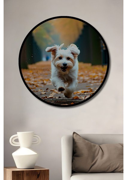 Çerçeve Görünümlü Sonbahar Neşesi Köpek Yağlı Boya Görünümlü Ofis Dekoratif Ahşap Yuvarlak Tablo