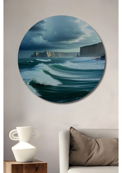 Fırtınalı Deniz Manzarası Yağlı Boya Görünümlü Ev/işyeri/ofis Dekoratif Ahşap Yuvarlak Tablo