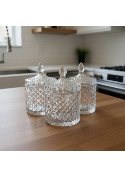 3'lü Kristal Desen Büyük Boy Kapaklı Cam Kavanoz – 1200 Ml.