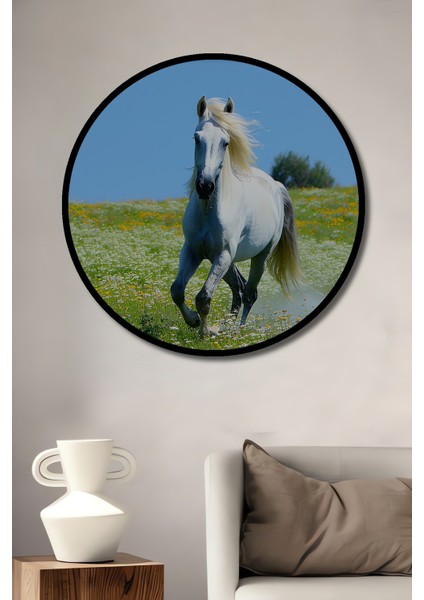 Çerçeve Görünümlü Beyaz At Çiçek Bahçesi Yağlı Boya Görünümlü Dekoratif Ahşap Ofis Yuvarlak Tablo