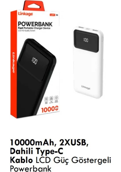 Linkage Lkp-36 10000MAH, 2xusb, Dahili Type-C Kablo LCD Güç Göstergeli Powerbank modelleri