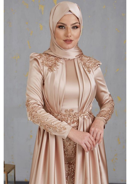 Karaca Önü Drapeli Aplikli Tesettür Abiye Gold fiyatları