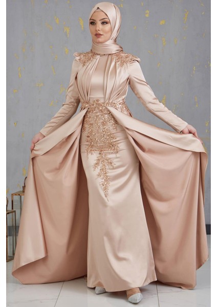 Karaca Önü Drapeli Aplikli Tesettür Abiye Gold fırsatları