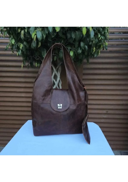 Randy Kapaklı Hakiki Deri Antik Kahve Omuz Çantası