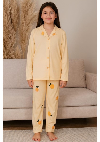 Kız Çocuk Önü Düğmeli Pijama Takımı Sarı