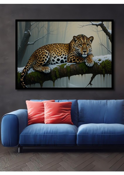 Çerçeve Görünümlü Ormanda Yatan Jaguar Yağlı Boya Görünümlü Dekoratif Ahşap Işyeri/ofis Kare Tablo