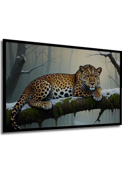 Çerçeve Görünümlü Ormanda Yatan Jaguar Yağlı Boya Görünümlü Dekoratif Ahşap Işyeri/ofis Kare Tablo modelleri