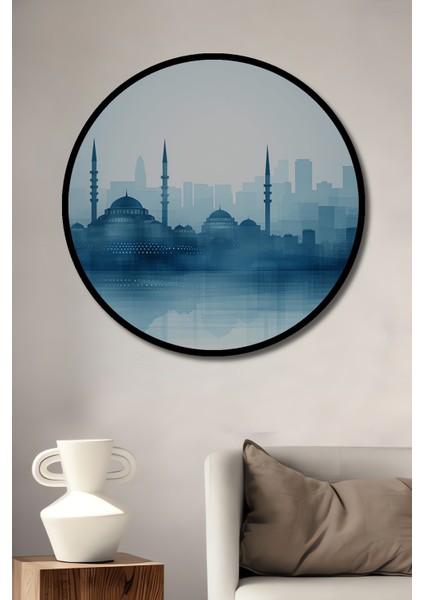 Çerçeve Görünümlü Istanbul Silüeti Sulu Boya Görünümlü Dekoratif Ahşap Işyeri/ofis Yuvarlak Tablo