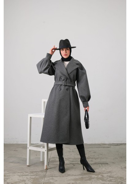 Balon Kol Kemer Detaylı Astarlı Kadın Kaşe Kaban modelleri