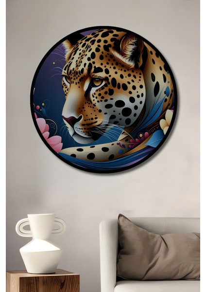 Çerçeve Görünümlü Çiçeklerle Dans Eden Leopar Yağlı Boya Görünümlü Ofis Ahşap Yuvarlak Tablo