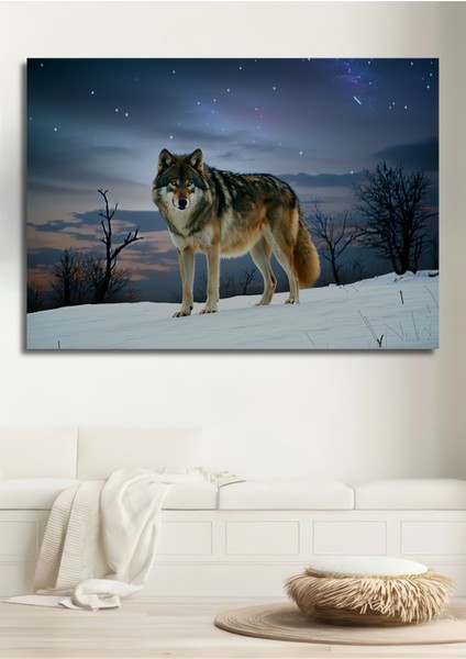 Kar Manzarası Kurt Yağlı Boya Görünümlü Dekoratif Ahşap Ev/işyeri/ofis Kare Tablo