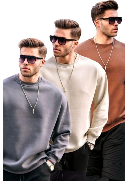 Füme/bej/kahverengi Bisiklet Yaka Oversize Şardonlu Basic Erkek 3'lü Paket Sweatshirt E7448
