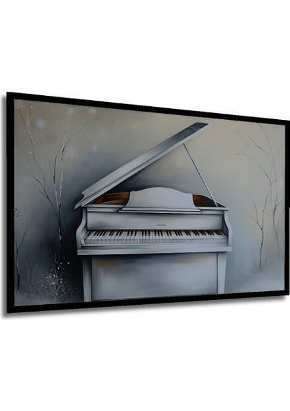 Çerçeve Görünümlü Beyaz Piyano Kış Rüyası Yağlı Boya Görünümlü Dekoratif Ahşap Ofis Kare Tablo modelleri