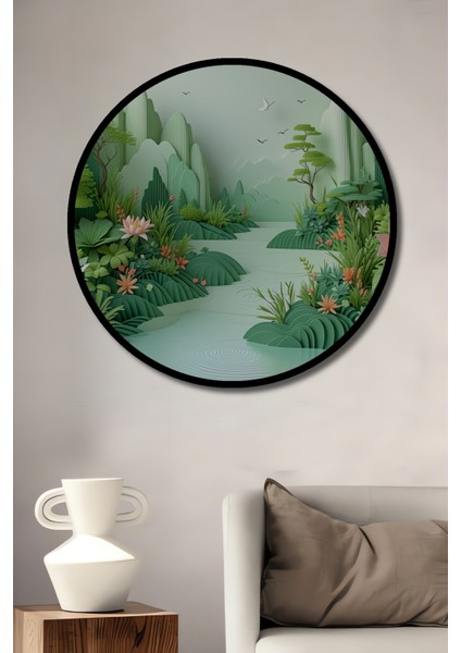 Çerçeve Görünümlü Yeşil Cennet Bahçesi Yağlı Boya Görünümlü Dekoratif Ahşap Ofis Yuvarlak Tablo