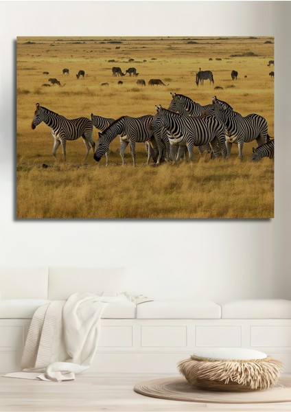 Afrika Savanında Zebra Sürüsü Yağlı Boya Görünümlü Dekoratif Ahşap Ev/işyeri/ofis Kare Tablo