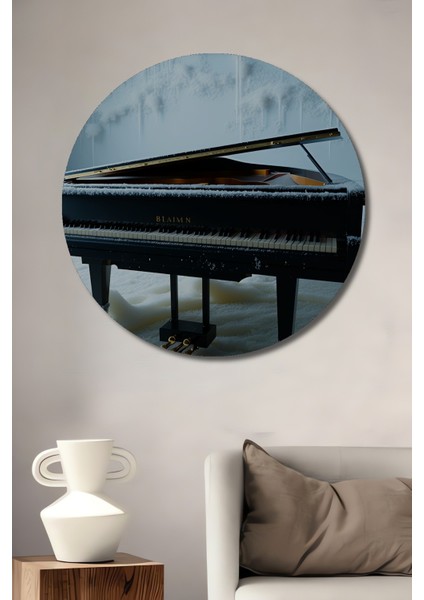 Karlar Altında Piyano Yağlı Boya Görünümlü Dekoratif Ahşap Ev/işyeri/ofis Yuvarlak Tablo