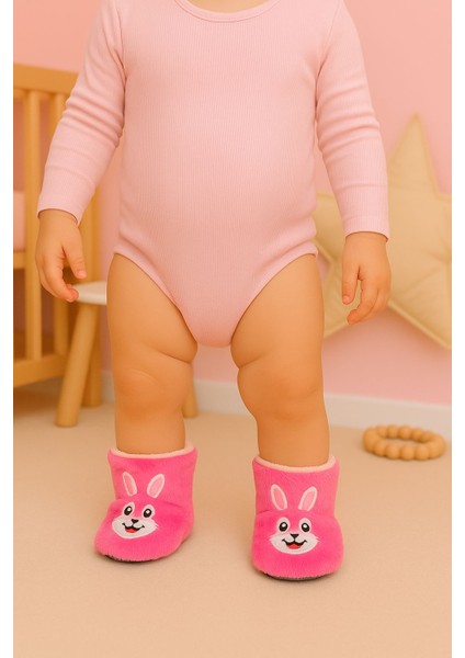 Bebek & Çocuk Kaydırmaz Tabanlı Ev Botu / Panduf / Kışlık Peluş Bot / Tavşan Desenli
