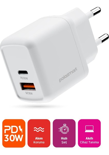 PBS137 Hızlı 1 USB 1 Pd Çıkışlı 30W Şarj Adaptörü Duvar Şarjı Beyaz fiyatları