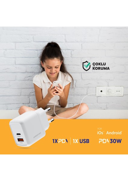 PBS137 Hızlı 1 USB 1 Pd Çıkışlı 30W Şarj Adaptörü Duvar Şarjı Beyaz modelleri