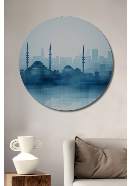 Istanbul Silüeti Sulu Boya Görünümlü Dekoratif Ahşap Ev/işyeri/ofis Yuvarlak Tablo