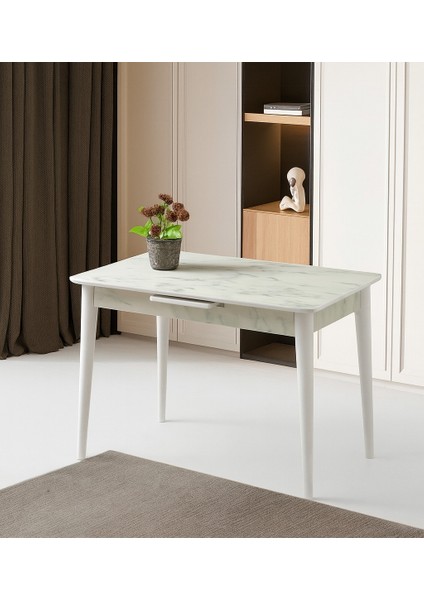 Ortadan Açılır Büyüyen Parlak Ahşap Yemek Masası Mermer Desenli 60x100cm Sadece Masa