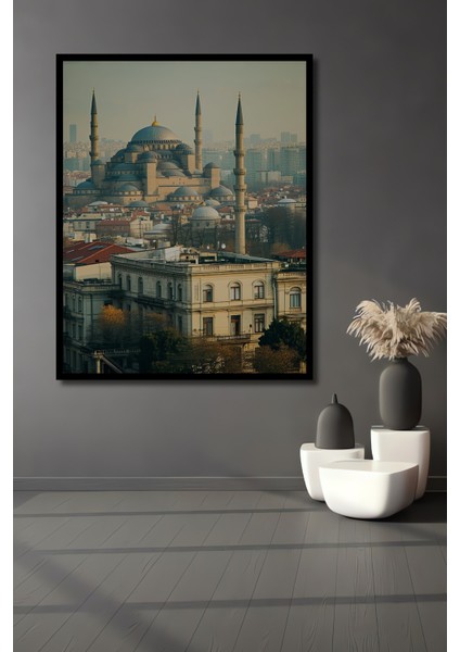 Çerçeve Görünümlü Sultanahmet Camii Yağlı Boya Görünümlü Istanbul Silüeti Ahşap Ofis Kare Tablo