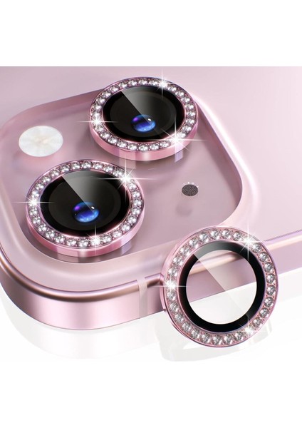 (Kaliteyi Bozmaz) iPhone 15 / 15 Plus Uyumlu Taşlı Kamera Pembe Lens Koruyucu