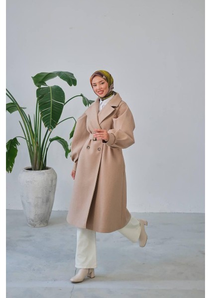 Balon Kol Kemer Detaylı Astarlı Kadın Kaşe Kaban modelleri