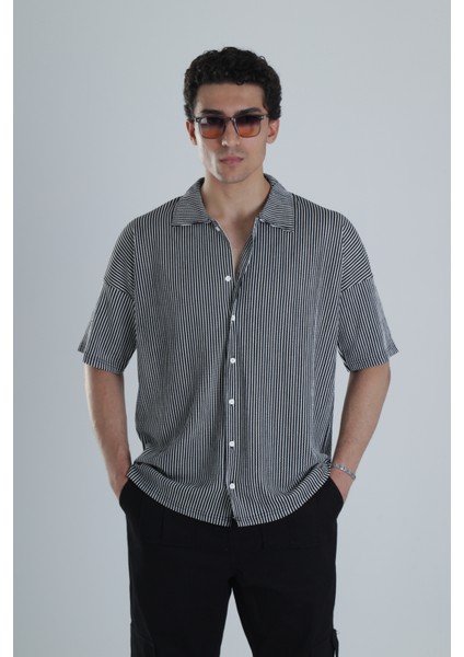 Erkek Siyah Beyaz Çizgi Desenli Casual Gömlek COC1163