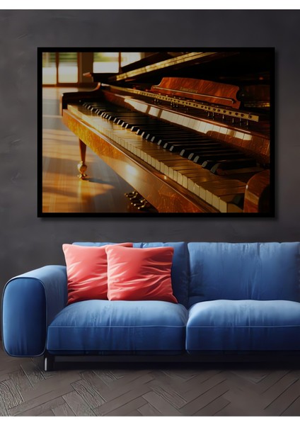 Çerçeve Görünümlü Altın Işıltılı Piyano Tuşları Yağlı Boya Görünümlü Ahşap Ofis Kare Tablo