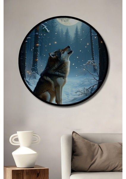 Çerçeve Görünümlü Dolunayda Uluyan Kurt Yağlı Boya Görünümlü Dekoratif Ahşap Ofis Yuvarlak Tablo