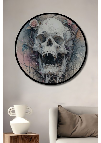 Çerçeve Görünümlü Sulu Boya Görünümlü Çiçekli Kafatası Dekoratif Ahşap Işyeri/ofis Yuvarlak Tablo