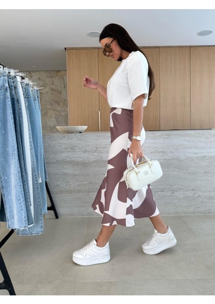 Ezel Glory Kadın Kısa Kollu Bisiklet Yaka Viskon Bluz ve Desenli Süprem Etek Ikili Takım