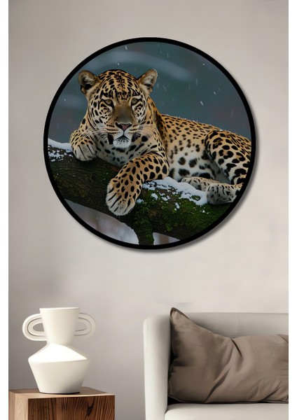 Çerçeve Görünümlü Kar Leoparı Karda Yağlı Boya Görünümlü Dekoratif Ahşap Işyeri/ofis Yuvarlak Tablo