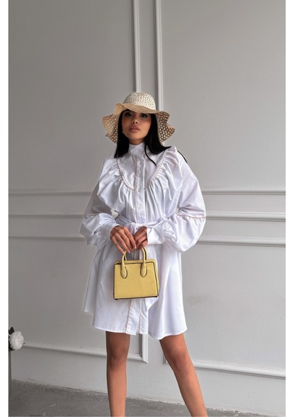 Ezel Glory Önden Düğmeli Poplin Kloş Elbise Bağlama Kemer Detaylı - Beyaz