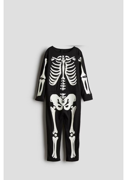 Siyah Iskelet Baskılı Halloween Çocuk Parti Kostümü