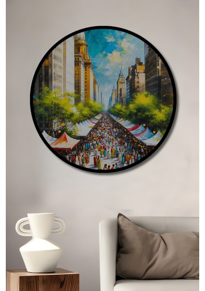 Çerçeve Görünümlü New York Şehir Panayırı Yağlı Boya Görünümlü Dekoratif Ahşap Ofis Yuvarlak Tablo